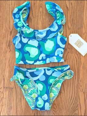 Emily McCarthy Blue Green Sea Glass Cheetah Print Girls 2 Piece Swimsuit Set